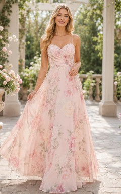 Blush Floral Strapless Chiffon A Line Floor Length Bridesmaid Dress