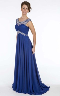 A-Line Beaded Empire Long Scoop Cap-Sleeve Chiffon Prom Dress With Waist Jewellery And Ruching