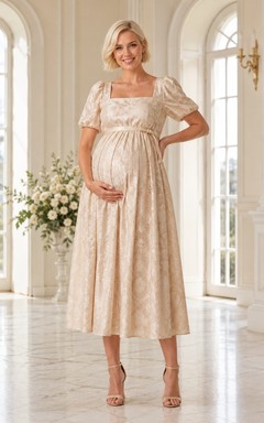 Champagnerfarbenes Umstandskleid, A-Linie, Blumenmuster, eckiger Ausschnitt, Puffärmel, Vintage-Stil