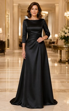 Black Satin Bateau A-Line Mother Dress with Three-Quarter Sleeves