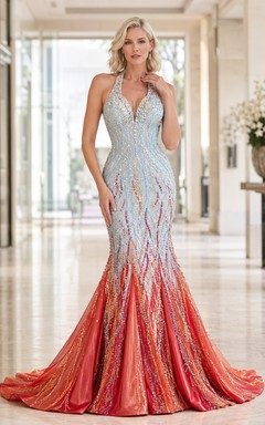 Sky Blue Red Halter V-Neck Beaded Mermaid Sweep Train Luxury Prom Dress