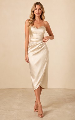 Champagne Strapless Satin Wrap Midi Cocktail Dress