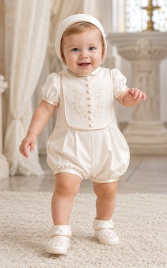 Eleganter elfenbeinfarbener Baby-Taufstrampler mit kurzen Puffärmeln und Stickerei