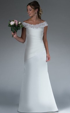 Lace Off Shoulder Sheath Satin Bridal Gown With Ruching