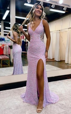 Pastel Pink Sequin Cut-Out Gown
