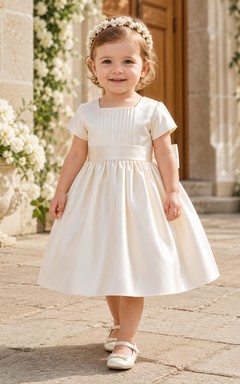 Short Sleeve Baptism Dress A-Line Satin Jewel Neck Pleated Bodice Bow Back