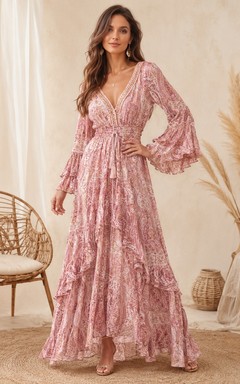 Rosa Maxikleid im Boho-Stil mit Blumenmuster, V-Ausschnitt und Poetenärmeln