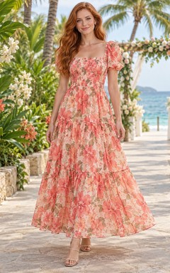 Vestido de playa de largo midi con escote en V, mangas abullonadas y corte en A, estampado floral coral.
