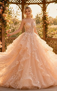 Vestido de quinceañera estilo princesa con cola escalonada, sin tirantes, con volantes en cascada y estampado floral, estilo cenador de jardín color champán.