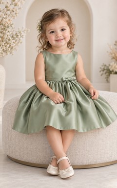 Knee-length Simple Sage Summer A-line Satin Sleeveless Gathered Flower Girl Dress