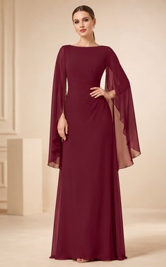 Burgundy Bateau Neck Cape Sleeve Modest Formal Gown