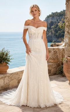 Mediterranean Off Shoulder Cap Lace Mermaid Chapel Train Outdoor Wedding Dress