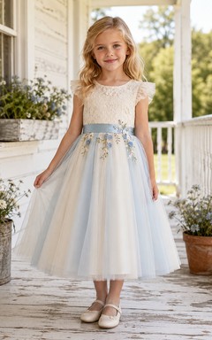 Mist Floral Embroidery Lace Flutter Sleeve Tulle Flower Girl Garden Tea-Length Dress