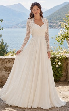 Vestido de novia formal modesto de manga larga con escote en V y corte en A.