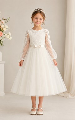 Vestido de niña de flores de manga larga, encaje y tul hasta la rodilla con lazo.