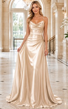 Champagne Cowl Sleeveless Satin A-Line Floor-length Draped Evening Dress
