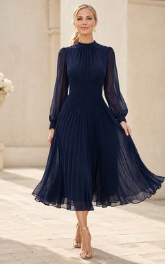 Dark Navy Modest High Neck Pleated Chiffon Long Sleeve Tea Length Dress