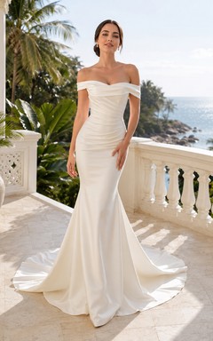 Robe de mariée sirène élégante en satin satiné à épaules dénudées et traîne chapelle