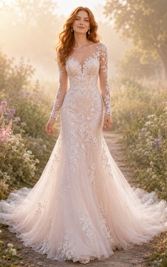 Brautkleid aus zartrosa Spitze und Tüll, A-Linie, V-Ausschnitt, ärmellos, Kapellenschleppe, Applikationen, tiefer V-Ausschnitt am Rücken