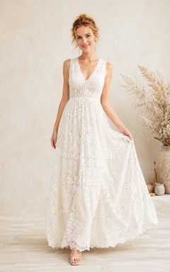 Vestido de recepción nupcial largo hasta el suelo con escote en V y corte bohemio, estilo línea A, de encaje.
