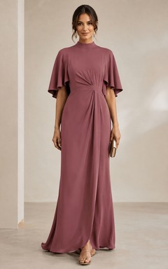 Mauve Bateau Cape Sleeve Floor-Length Sheath Dress