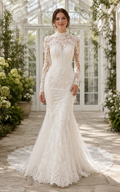 Luxury High Neck Lace Wedding Mermaid Long Illusion Sleeve Chapel Train