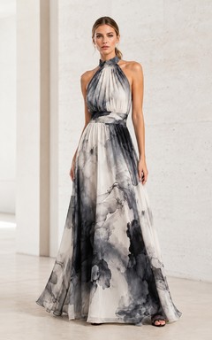Black Ink Wash Halter Chiffon A-Line Maxi Evening Dress
