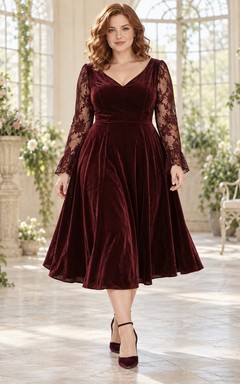 Teelanges, langärmeliges Vintage-Gothic-Brautjungfernkleid aus burgunderrotem Samt mit V-Ausschnitt, Spitze und ausgestelltem Rock