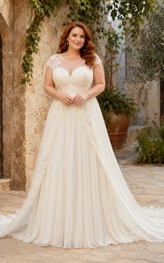Robe de mariée grande taille à col en V, corsage en dentelle, coupe trapèze et manches courtes
