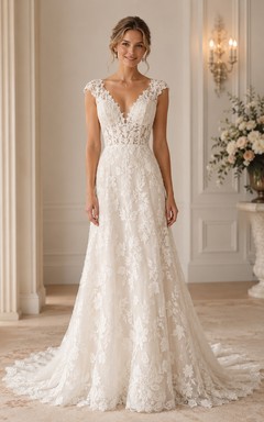 Cap Sleeve Lace A-Line Wedding Dress with Illusion V-Neck and Chapel Train