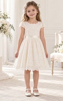 Vestido de niña de flores modesto, hasta la rodilla, color marfil, con estampado floral, corte en A, mangas cortas y encaje, con borde festoneado.