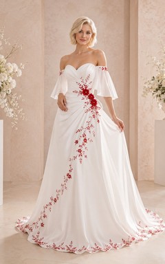 Romantisches Brautkleid in A-Linie aus rotem Chiffon mit Blumenmuster, schulterfreiem Schnitt, flatternden Ärmeln und Blumenmuster