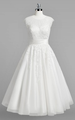 Jewel Neck Cap Sleeve A-Line Lace Tea Length Wedding Dress With Ruched Belt