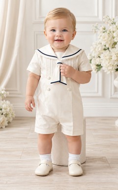 Moderner weißer Kurzarm-Taufanzug mit marineblauen Paspeln im Matrosen-Stil, ideal für Babys und Babys zur Taufe.