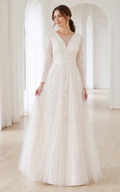V-neck Long Sleeve Lace Floor-length A-line Romantic Elegant Wedding Formal Dress