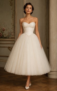 Strapless Tea-Length Tulle Ball Gown Vintage Wedding Dress