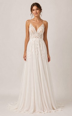 Romantic A-Line Lace Wedding Dress with Spaghetti Straps and Applique Train