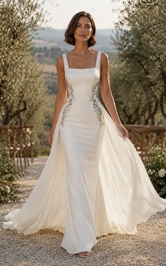 Satin Wedding Dress Sheath Square Neck Sleeveless Floor Length Low V Back Bridal Gown