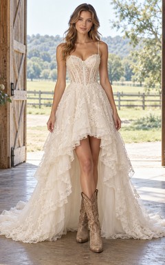 Country High-low Spaghetti Strap Sweetheart Lace Corset Bridal Wedding Dress