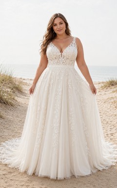 Plus Size V-Neck Straps Tulle A-Line Wedding Dress with Lace Bodice