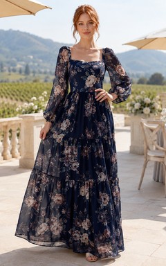 Dunkelblaues, elegantes Abendkleid für Hochzeitsgäste und Brautjungfern im Weinberg – A-Linie, bodenlang, eckiger Ausschnitt, lange Ärmel, Chiffon mit Blumenmuster, Rüschenbesatz, Reißverschluss hinten