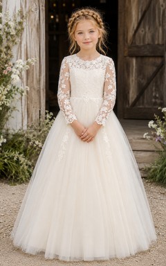 Flower Girl Dress Ivory Lace Tulle A-Line Long Sleeve Jewel Neck Tea Length