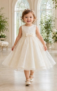 Robe de baptême pour bébé, coupe trapèze, longueur thé, sans manches, avec superposition d'organza transparent.