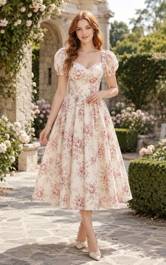 Vintage Rose Print Puff Sleeve Tea Length Dress