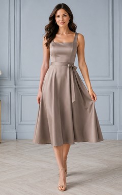 Robe cocktail moderne taupe en satin, sans manches, à encolure carrée et coupe trapèze, longueur thé