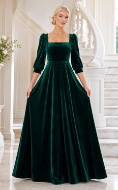 Dark Green Square Neck Long Sleeve Velvet Ball Gown Dress
