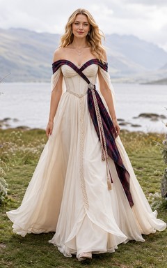 Schottisches Handfasting-Hochzeitskleid aus Chiffon mit Tartanbesatz, schulterfrei, Empire-Stil, A-Linie, Boho-Stil