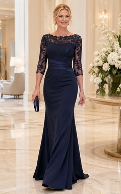 Modest Navy Bateau Three Quarter Lace Sleeve Mermaid Mother Wedding Dress