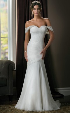 Off-The-Shoulder Trumpet Mermaid Wedding Dress With Ruches And Crystals