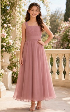 Romantisches, ärmelloses Chiffon-Brautjungfernkleid in Altrosa mit quadratischem A-Linien-Schnitt und Teelänge